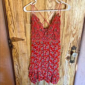 Free People Red Floral Lace Mini Dress